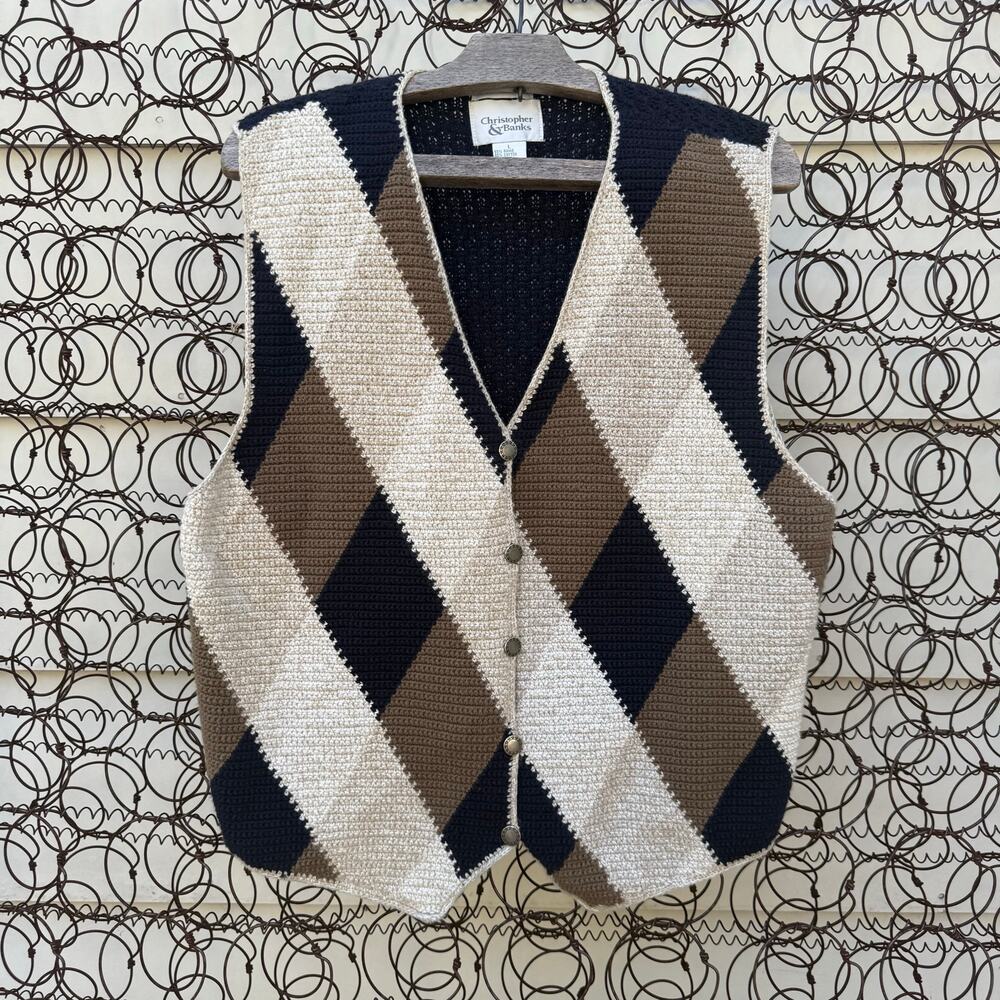 Vintage Grandpacore Neutral Boho Argyle Knit Sweater Vest LARGE Brown Tan Black